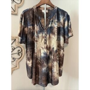 Shannon Ford 3X Blue Brown Tie Dye Floral Textured Studded Stretch Pleated Top